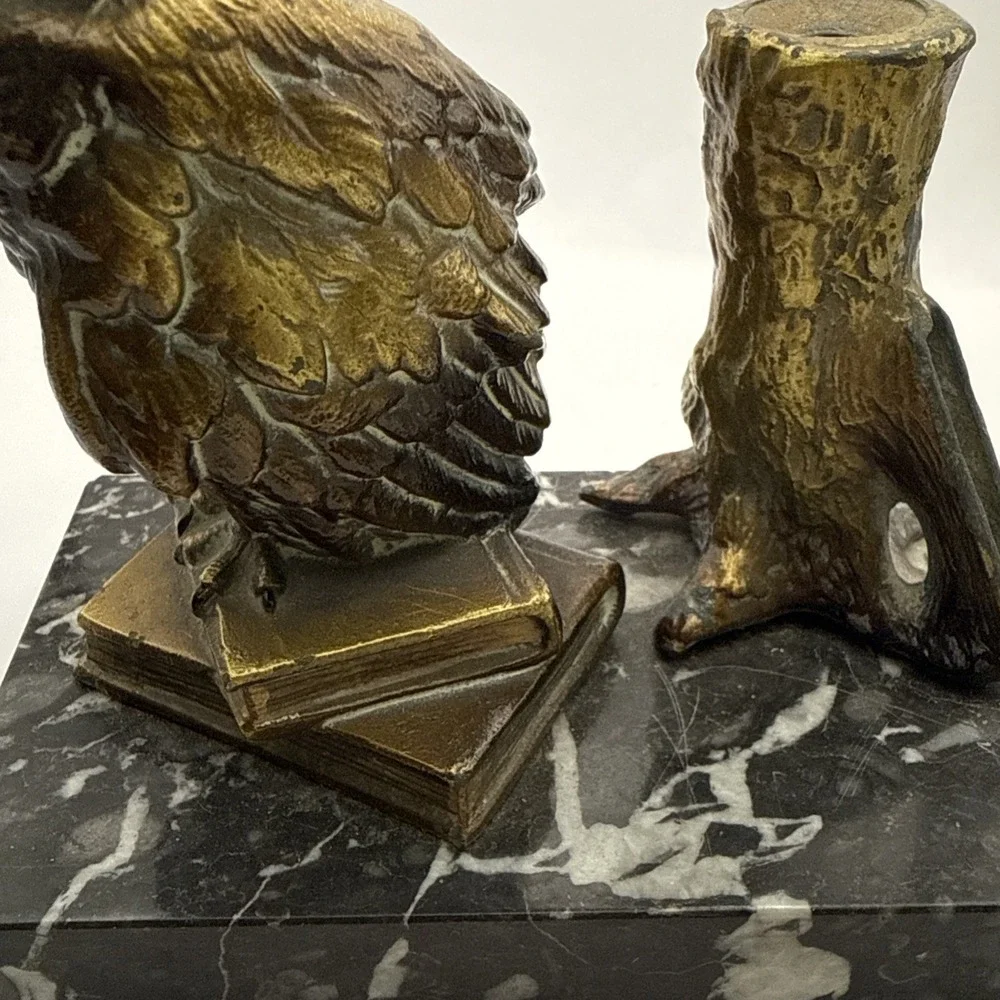 Antique Vienna Cold Painted Bronze Marble Owl Table Lighter Bergman Style